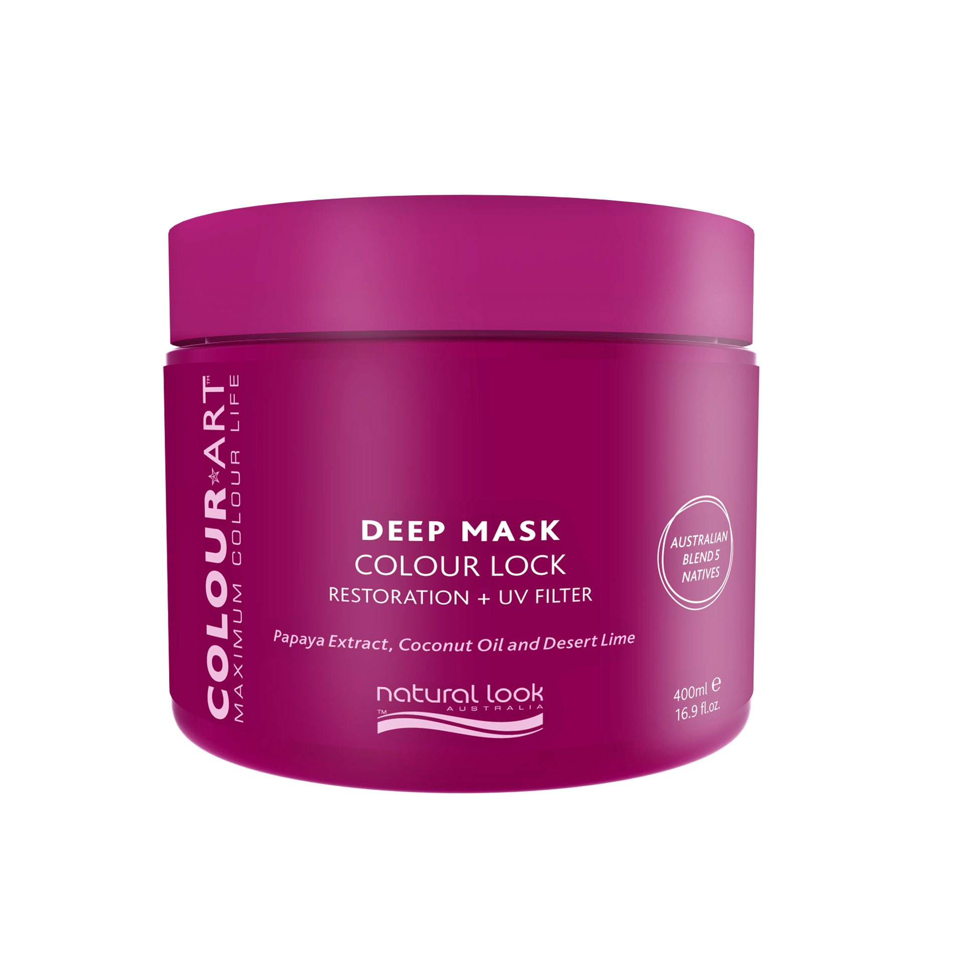 ColourArt Deep Mask 400g hair treatment with Papaya, Coconut Oil, and Desert Lime to repair, reduce fade, and restore shine for colour-treated hair