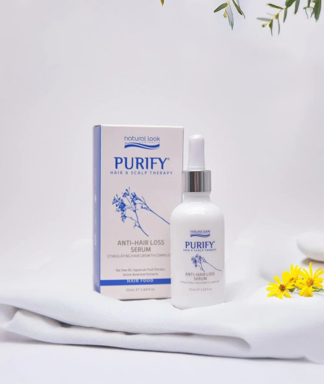 Purify Anti Hair Loss Serum 50ml with Tea Tree, Arnica & Capsicum extracts for scalp stimulation – available in NZ at Everyday Hair.