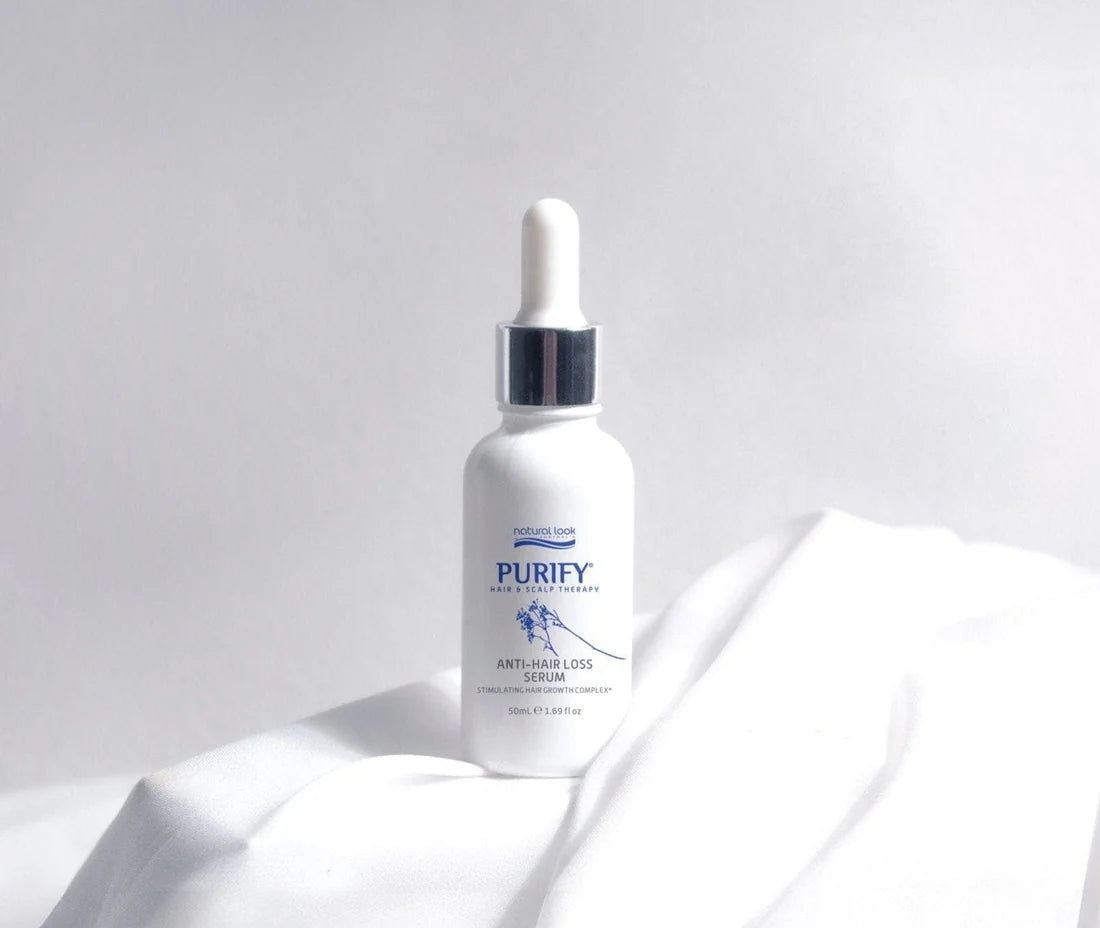 Purify Anti Hair Loss Serum 50ml with Tea Tree, Arnica & Capsicum extracts for scalp stimulation – available in NZ at Everyday Hair.