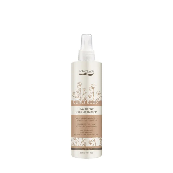 Natural Look Curly Boost Hyaluronic Curl Activator defines 250ml curls, fights frizz, and hydrates with Hyaluronic Acid, Quinoa Protein & Desert Lime.