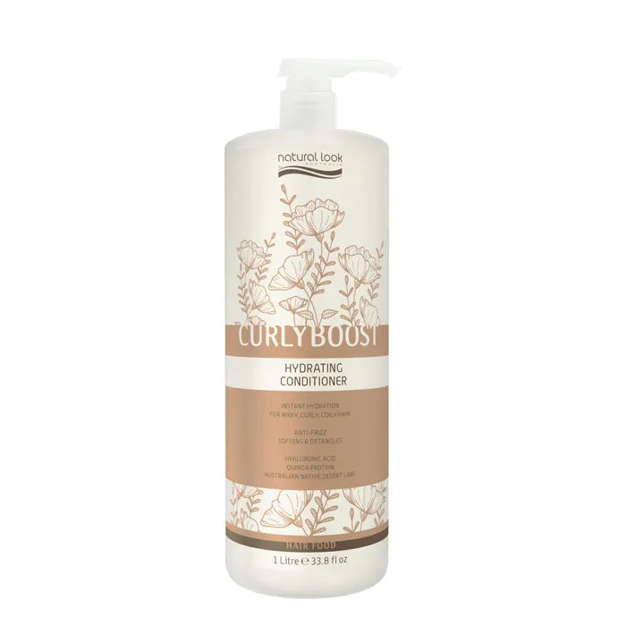 Natural Look Curly Boost Hydrating Conditioner 1 litre detangles & hydrates curls with Hyaluronic Acid, Quinoa Protein & Desert Lime for soft, frizz-free shine.