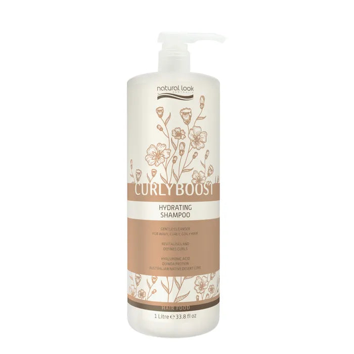 Natural Look Curly Boost Hydrating Shampoo 1 litre gently cleanses curls, hydrating with Hyaluronic Acid, Quinoa Protein & Desert Lime for bounce & shine.