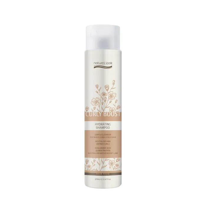 Natural Look Curly Boost Hydrating Shampoo 375ml gently cleanses curls, hydrating with Hyaluronic Acid, Quinoa Protein & Desert Lime for bounce & shine.