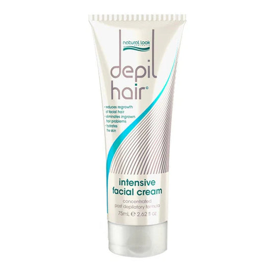 Depilcare Intensive Facial Cream 75ml delays regrowth, prevents ingrown hairs, and hydrates skin with papaya extract, aloe vera, and sunflower oil.