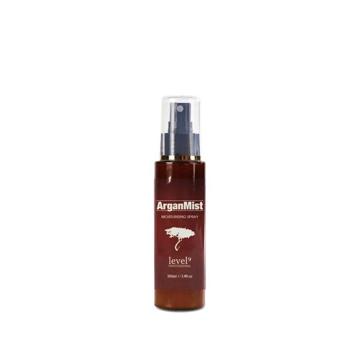 Instant shine and lightweight hydration with level⁹ ArganMist Shine Spray 100ml—leave-in care for coloured and damaged hair.