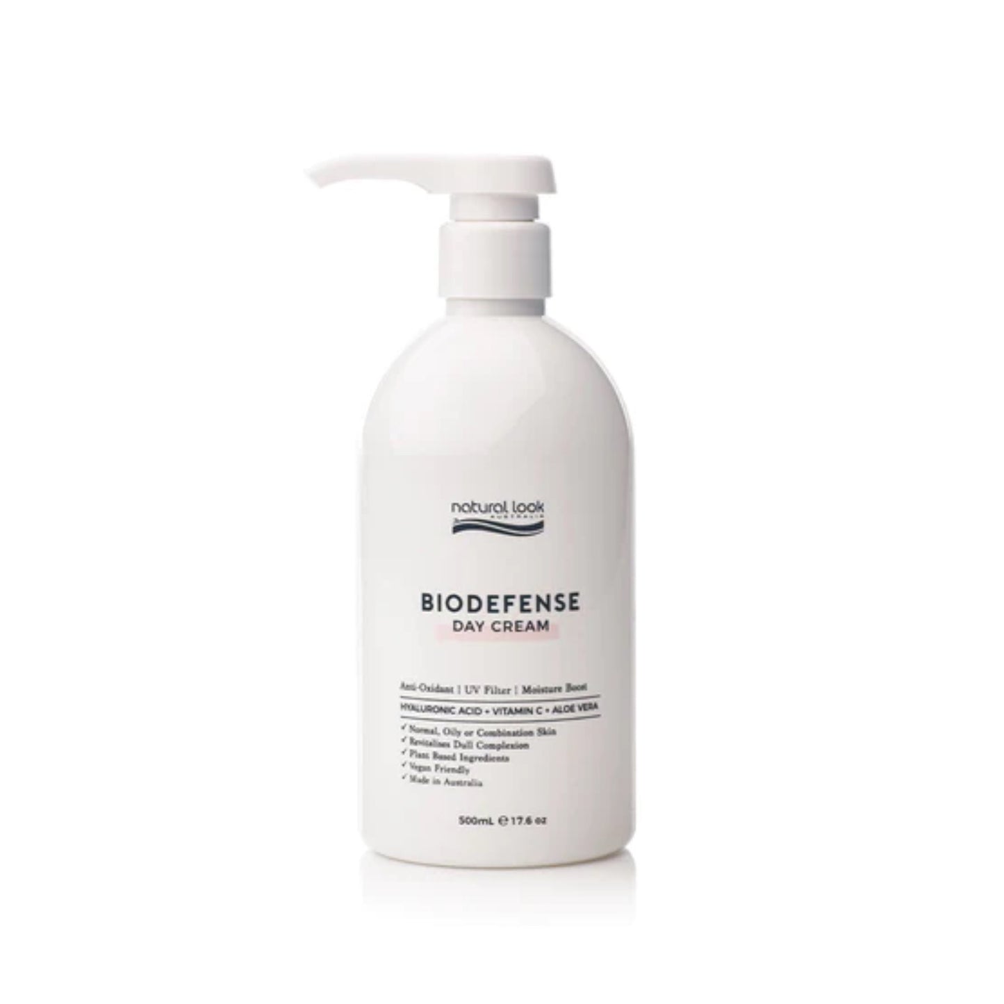Natural Look Biodefence Day Cream 500ml with Zinc Oxide, Vitamin C, Hyaluronic Acid and Aloe Vera – protects, brightens and hydrates skin.