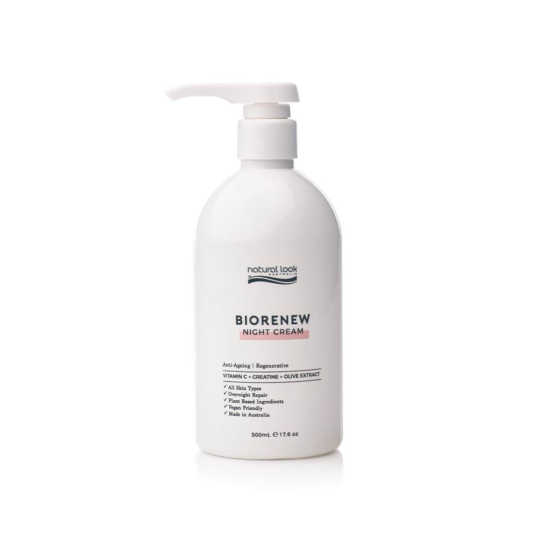 Natural Look Biorenew Night Cream – 500ml hydrating overnight anti-ageing face cream with Vitamin C, Creatine and Olive Extract. Available in NZ at Everyday Hair.