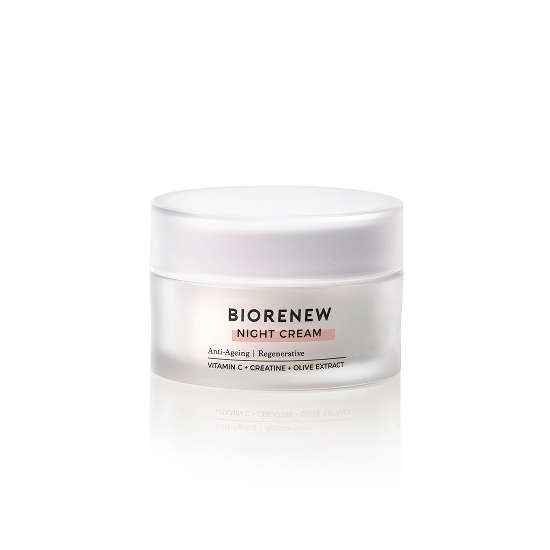 Natural Look Biorenew Night Cream 60g – hydrating overnight anti-ageing face cream with Vitamin C, Creatine and Olive Extract. Available in NZ at Everyday Hair.