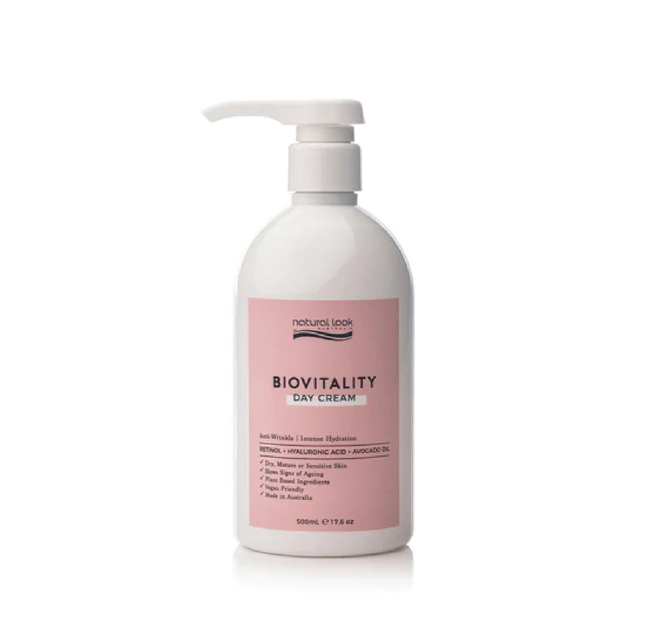 Natural Look Biovitality Day Cream 500ml with Retinol, Hyaluronic Acid & Avocado Oil – hydrates, smooths and protects skin from ageing.