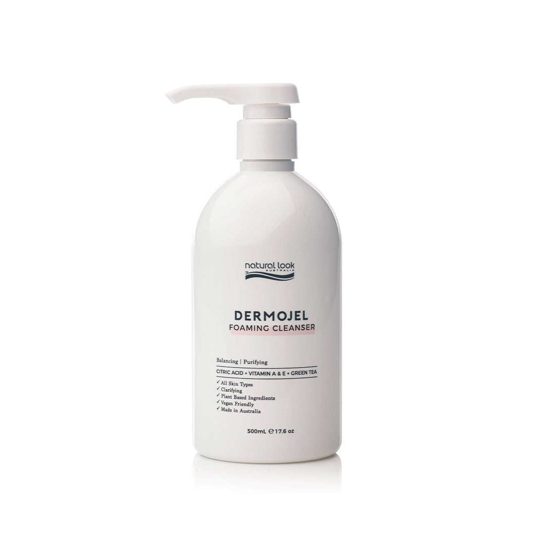 Natural Look Dermojel Foaming Cleanser 500ml— oil-free foaming gel with citric acid, green tea & vitamins A & E for fresh, refined skin