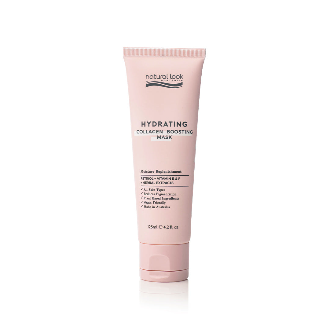 Natural Look Hydrating Collagen Boosting Mask 125ml with retinol, vitamin E and herbal extracts to hydrate, plump and smooth skin. Available in NZ.