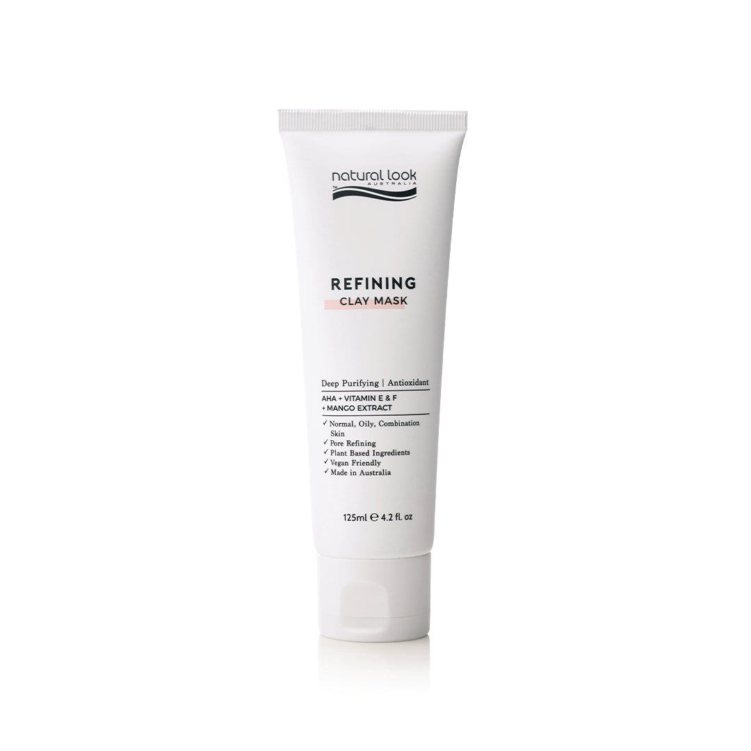 Natural Look Refining Clay Mask 125g – pore-refining AHA face mask with Vitamin E, F & Mango Extract for clear, smooth, radiant skin.