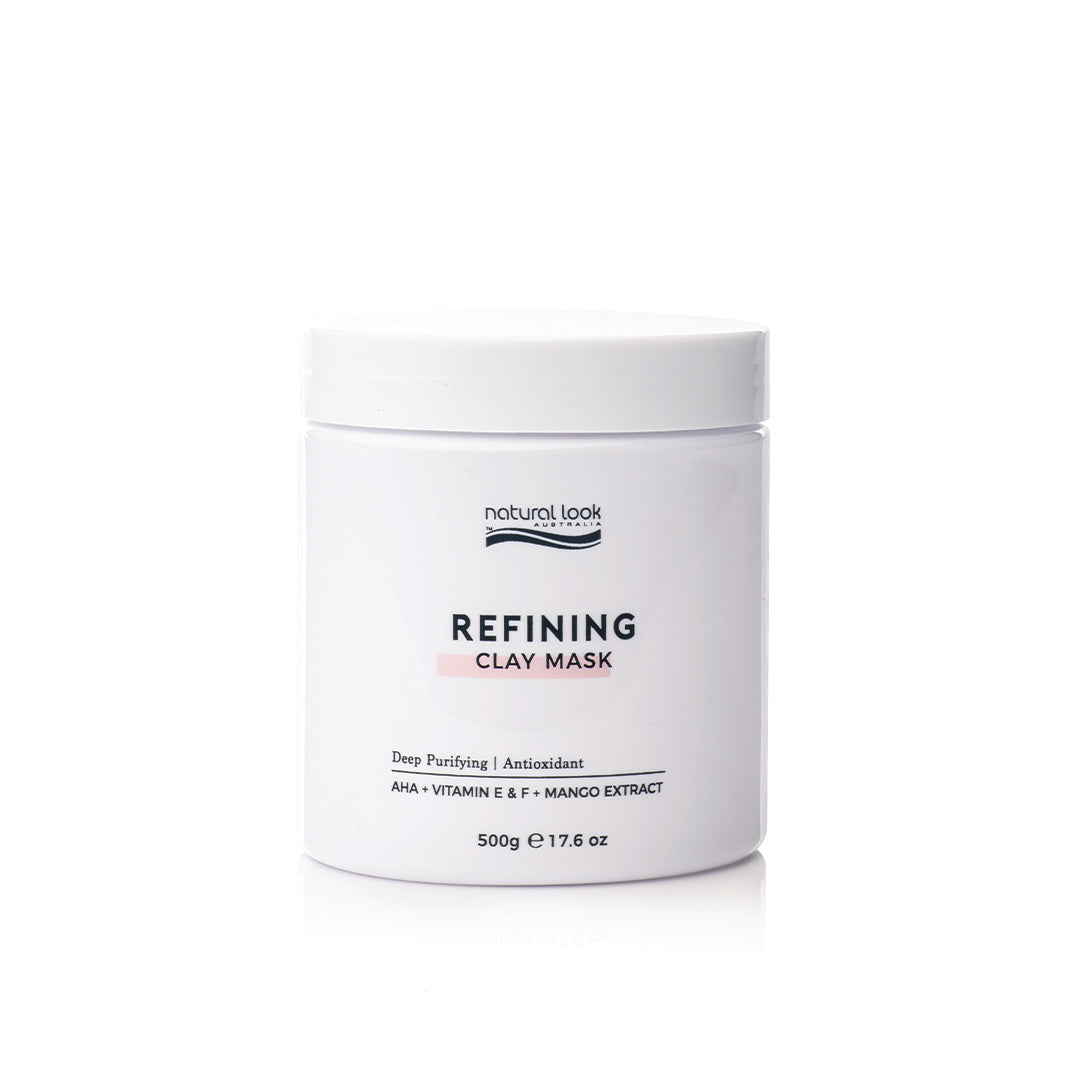 Natural Look Refining Clay Mask 500g – pore-refining AHA face mask with Vitamin E, F & Mango Extract for clear, smooth, radiant skin.