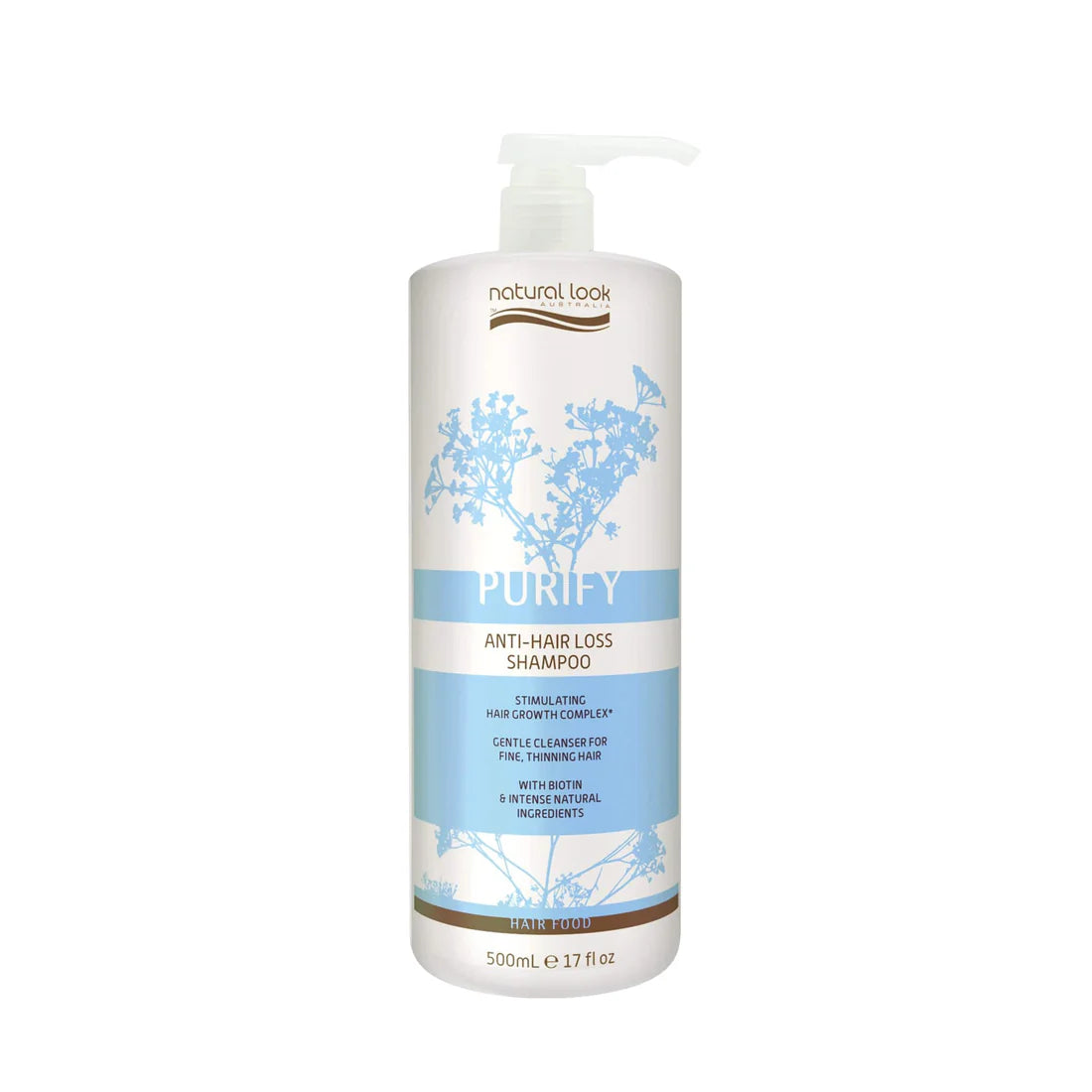 Purify Anti‑Hair Loss Shampoo bottle 500ml– hair‑loss support shampoo with Biotin, Wheat Amino Acids and botanical extracts.