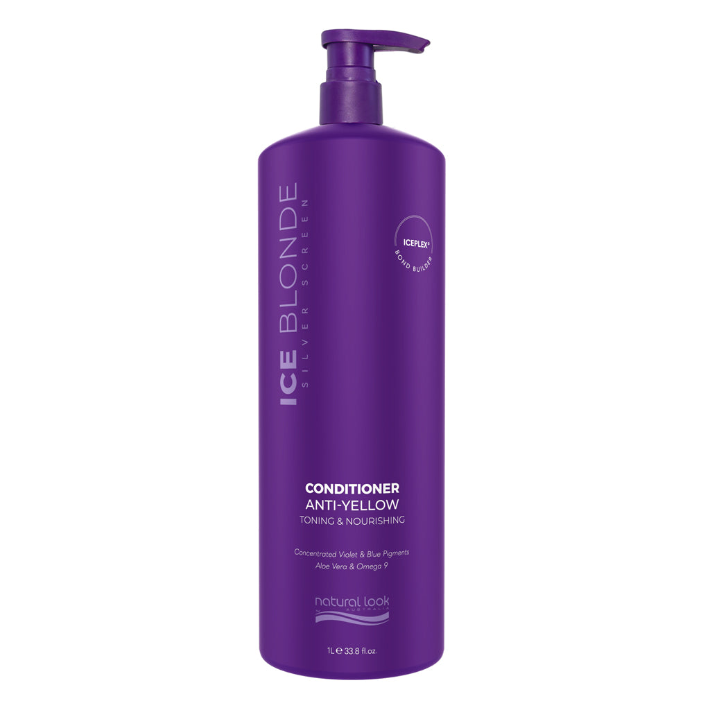 Natural Look Silver Screen Ice Blonde Conditioner 1 Litre, violet toning conditioner to neutralise yellow and brassy tones in blonde and grey hair - Available in NZ at Everyday Hair