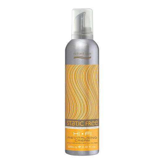 Natural Look Static Free Hi-Fi Revitalising Cream 250g, leave-in foam to control frizz, static and add shine.