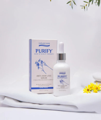 Purify Anti Hair Loss Serum 50ml with Tea Tree, Arnica & Capsicum extracts for scalp stimulation – available in NZ at Everyday Hair.