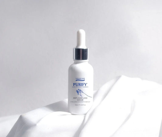 Purify Anti Hair Loss Serum 50ml with Tea Tree, Arnica & Capsicum extracts for scalp stimulation – available in NZ at Everyday Hair.