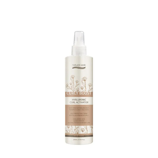 Natural Look Curly Boost Hyaluronic Curl Activator defines 250ml curls, fights frizz, and hydrates with Hyaluronic Acid, Quinoa Protein & Desert Lime.