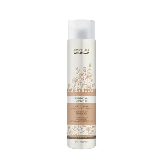 Natural Look Curly Boost Hydrating Shampoo 375ml gently cleanses curls, hydrating with Hyaluronic Acid, Quinoa Protein & Desert Lime for bounce & shine.