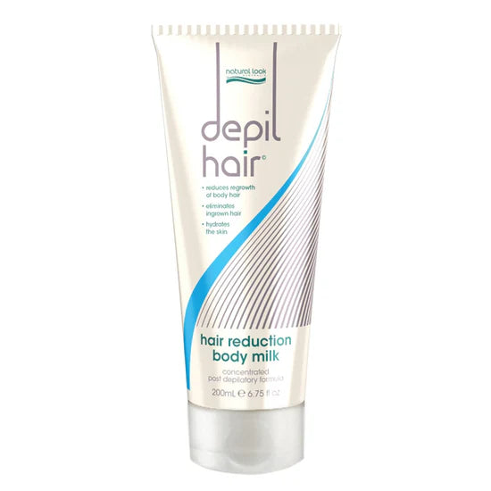 Natural Look Hair Reduction Body Milk 200ml slows regrowth, prevents ingrown hairs, and hydrates skin with papaya extract, aloe vera & sunflower oil.