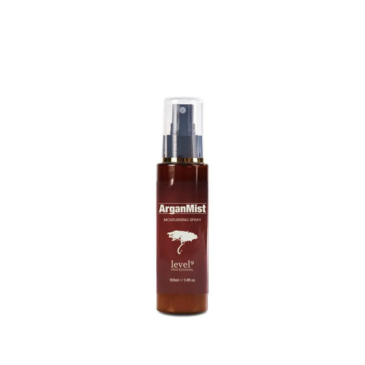 Instant shine and lightweight hydration with level⁹ ArganMist Shine Spray 100ml—leave-in care for coloured and damaged hair.
