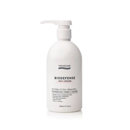 Natural Look Biodefence Day Cream 500ml with Zinc Oxide, Vitamin C, Hyaluronic Acid and Aloe Vera – protects, brightens and hydrates skin.
