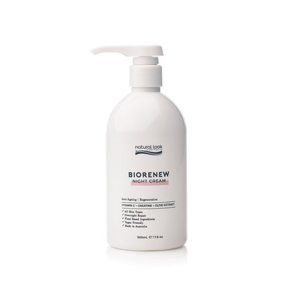 Natural Look Biorenew Night Cream – 500ml hydrating overnight anti-ageing face cream with Vitamin C, Creatine and Olive Extract. Available in NZ at Everyday Hair.
