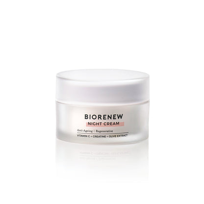 Natural Look Biorenew Night Cream 60g – hydrating overnight anti-ageing face cream with Vitamin C, Creatine and Olive Extract. Available in NZ at Everyday Hair.