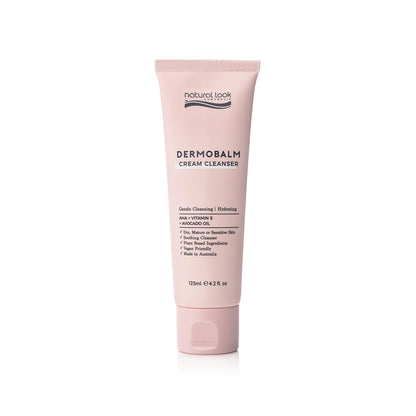 Natural Look Dermobalm Cream Cleanser 125ml – hydrating cream cleanser with AHA, Vitamin E and Avocado Oil for dry, mature or sensitive skin. Available in NZ at Everyday Hair.