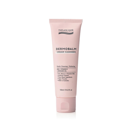 Natural Look Dermobalm Cream Cleanser 125ml – hydrating cream cleanser with AHA, Vitamin E and Avocado Oil for dry, mature or sensitive skin. Available in NZ at Everyday Hair.