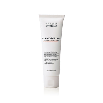 Natural Look Dermofoliant Micro Exfoliator 125ml gently removes dead skin cells, refines tone, and brightens with lactic acid, seaweed, and botanicals.