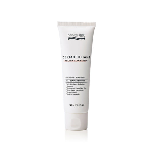 Natural Look Dermofoliant Micro Exfoliator 125ml gently removes dead skin cells, refines tone, and brightens with lactic acid, seaweed, and botanicals.