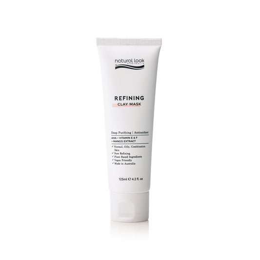 Natural Look Refining Clay Mask 125g – pore-refining AHA face mask with Vitamin E, F & Mango Extract for clear, smooth, radiant skin.