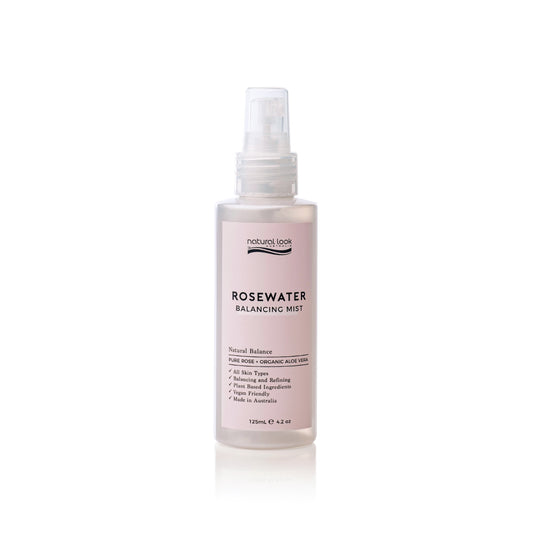 Rosewater Skin Mist 125ml with rose extract and aloe vera—hydrating toner that balances and refines pores for all skin types.