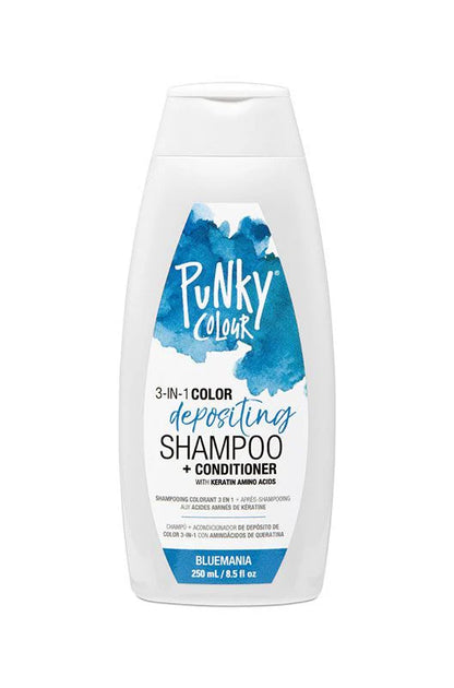 Punky Colour Bluemania 3‑in‑1 Colour Depositing Shampoo and Conditioner – vivid blue tone, bubblegum fragrance, vegan haircare.