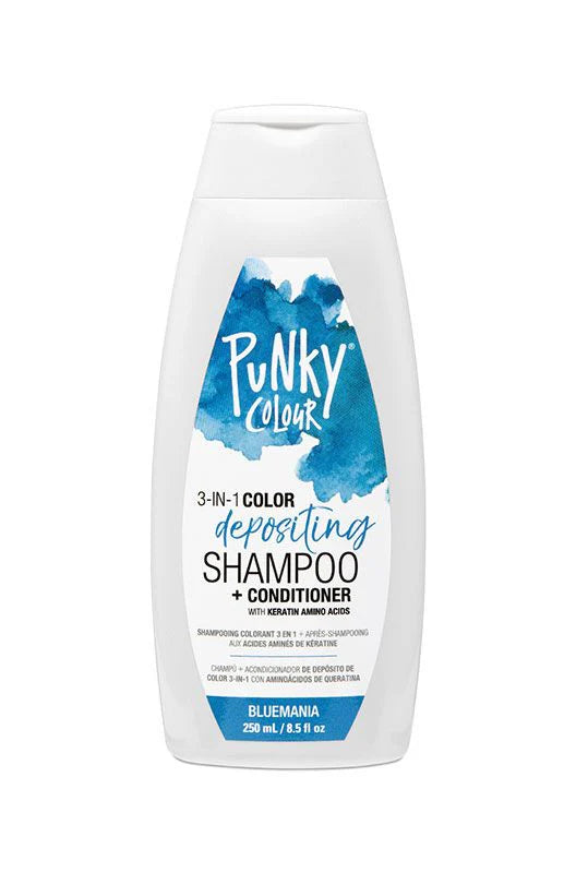 Punky Colour Bluemania 3‑in‑1 Colour Depositing Shampoo and Conditioner – vivid blue tone, bubblegum fragrance, vegan haircare.