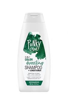 Punky Colour Greengarious 3-in-1 Colour Depositing Shampoo and Conditioner – vivid green tone, bubblegum fragrance, vegan haircare.