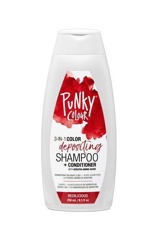 Punky Colour Redilicious 3-in-1 Colour Depositing Shampoo and Conditioner – bold candy apple red tone, bubblegum fragrance, vegan haircare.