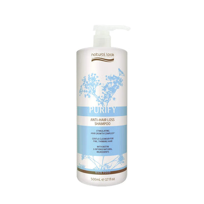 Purify Anti‑Hair Loss Shampoo bottle 500ml– hair‑loss support shampoo with Biotin, Wheat Amino Acids and botanical extracts.
