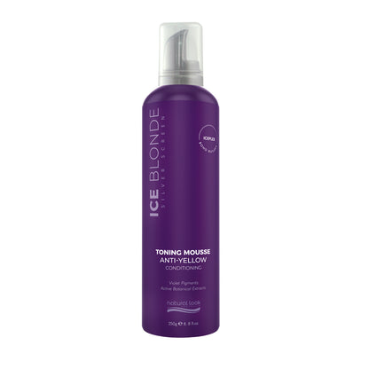 Natural Look Silver Screen Ice Blonde Conditioning Mousse 250g, anti-yellow toning mousse to neutralise brassy tones in blonde and grey hair - Available in NZ at Everyday Hair