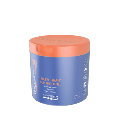 Natural Look StyleArt Freeze Frame Superhold Gel 500g, strong hold styling gel for sculpted styles with definition and shine