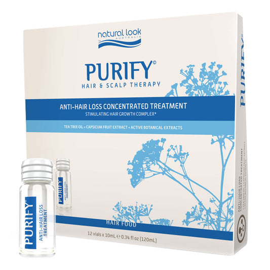 Purify Anti-Hair Loss Concentrated Treatment vials with Tea Tree, Arnica & Capsicum – scalp-strengthening hair loss solution, NZ.